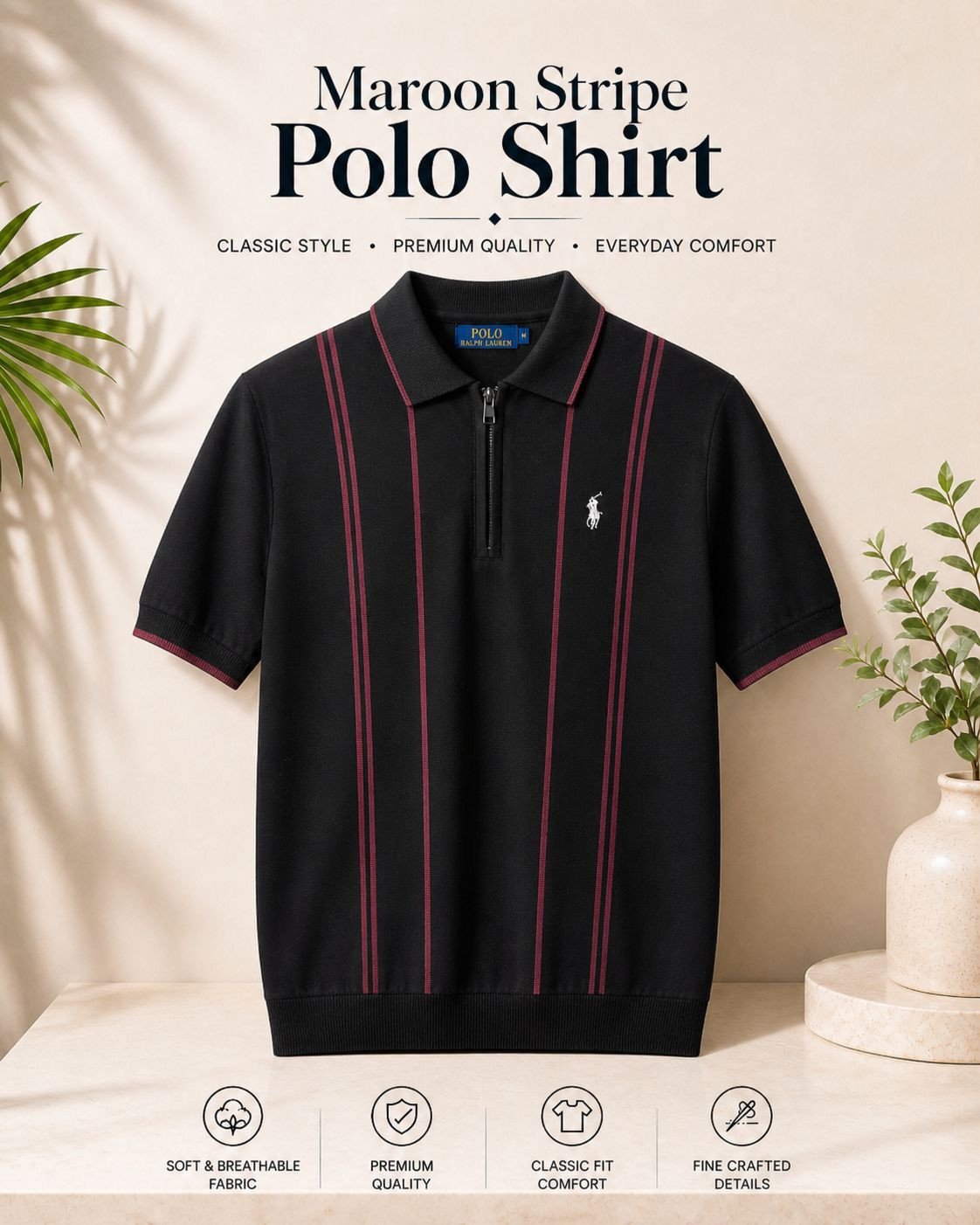Premium Polo Shirt  in Maroon Stripe
